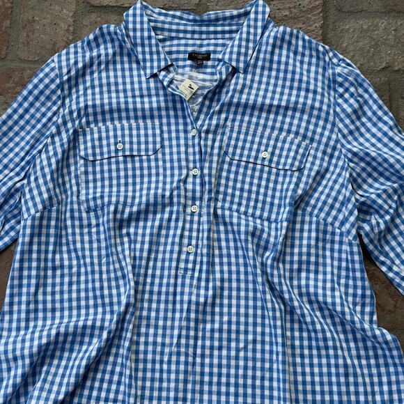 Talbots Woman Size 3X Blue White Plaid Long Sleeve Button Pullover Blouse - Picture 2 of 5